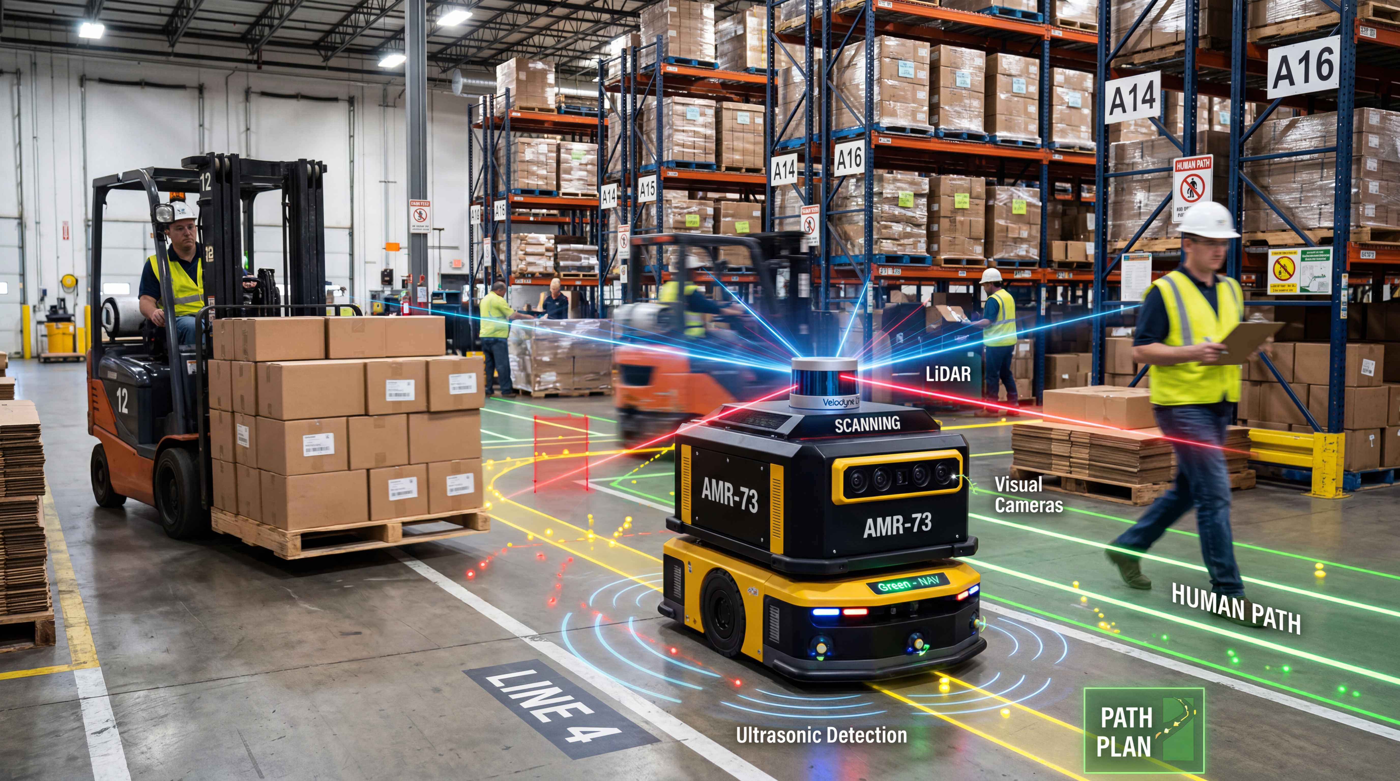 AMR using LiDAR, visual cameras and ultrasonic detection for multi-sensor fusion navigation in a busy warehouse